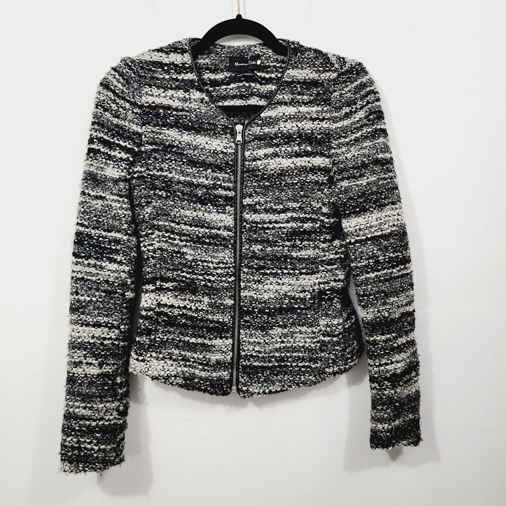 Massimo Dutti Tweed Jacket Blazer Black White Gray Leather Trim Full Zip Size 4
